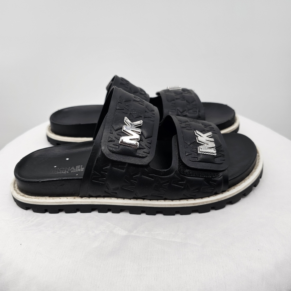 Michael Kors MK Logo Double Strap Slide Sandals Black 6M | Chunky Sole - Picture 4 of 7